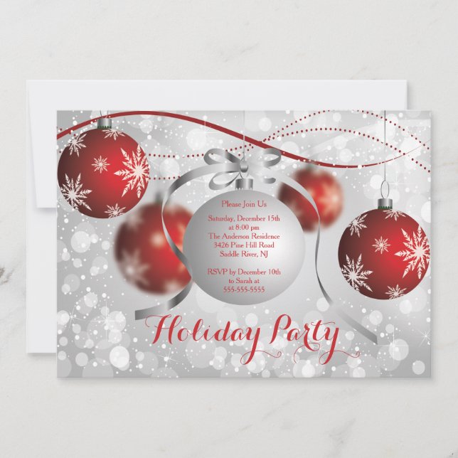 Red Snowflakes Bokeh Holiday Party Invitation (Front)
