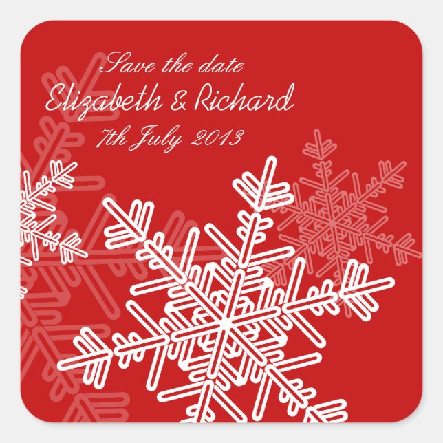 Red Snowflakes Christmas Wedding Save the Date Square Sticker (Front)