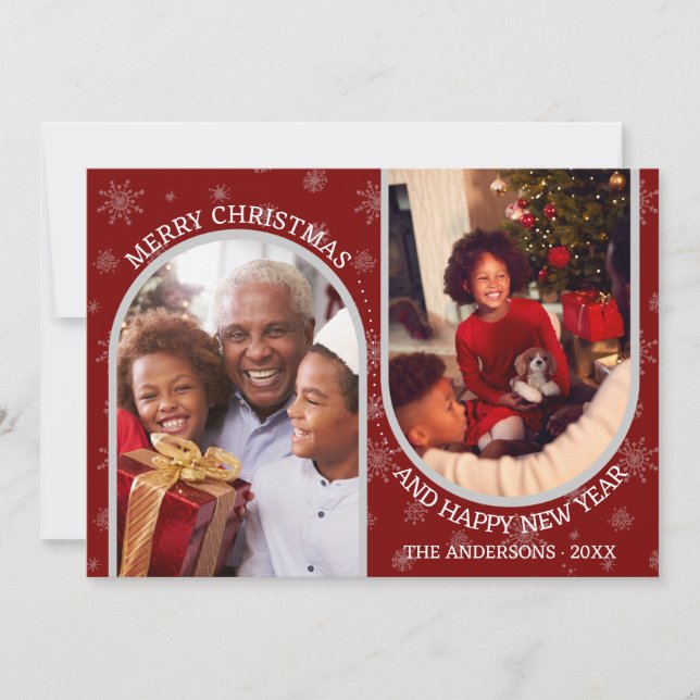 Red Snowflakes Custom Arch 2 Photo Christmas Holiday Card (Front)