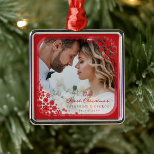 Red Snowflakes Frame Modern Holiday Wedding Photo Metal Tree Decoration