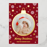 Red Snowflakes Gold Stars Merry Christmas Bauble Foil Holiday Card<br><div class="desc">Charming dark red and gold foil Merry Christmas photo card with your photo inside a gold foil bauble surrounded by white snowflakes and gold foil stars with retro fonts.</div>