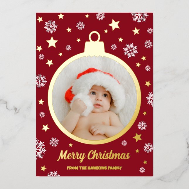 Red Snowflakes Gold Stars Merry Christmas Bauble Foil Holiday Card (Front)