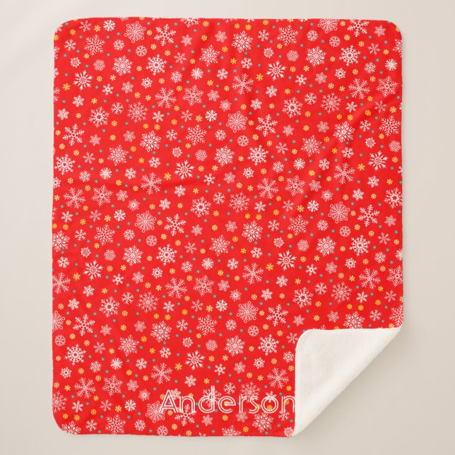 Red Snowflakes Modern Elegant Personalised Name Sherpa Blanket (Front)