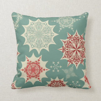 Red snowflakes on a green background cushion