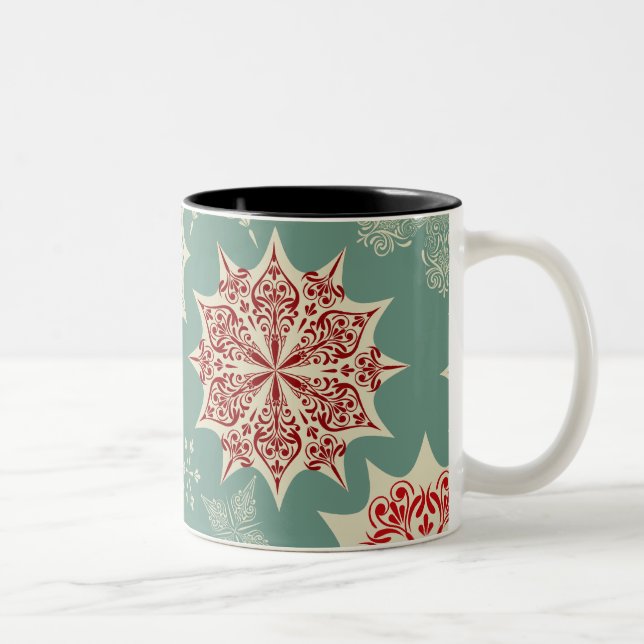 Red snowflakes on a green background Two-Tone coffee mug (Right)