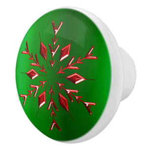 Red Snowflakes on Green Christmas Ceramic Knob