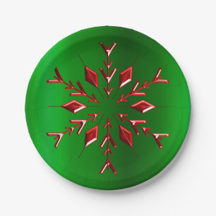Red Snowflakes on Green Christmas Paper Plate