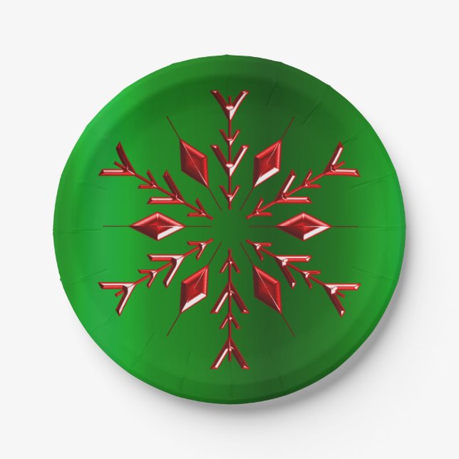 Red Snowflakes on Green Christmas Paper Plate (Front)