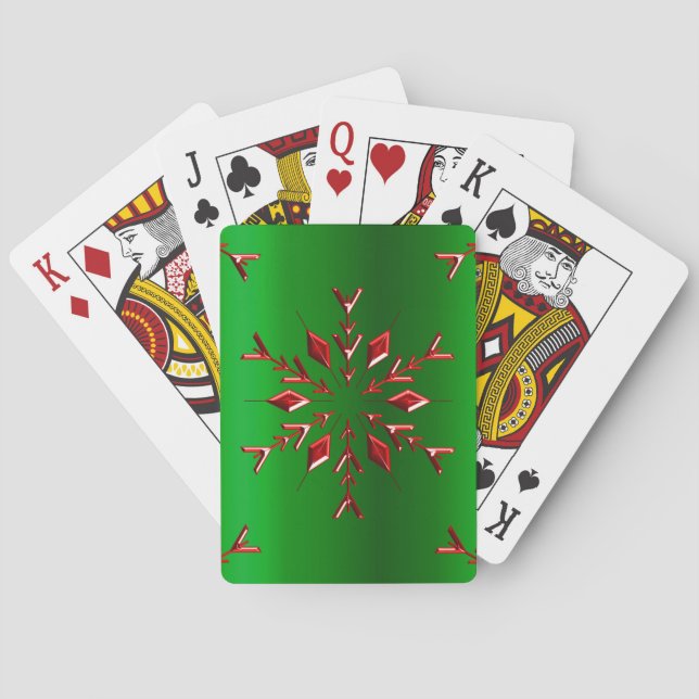 Red Snowflakes on Green Christmas Playing Cards (Back)