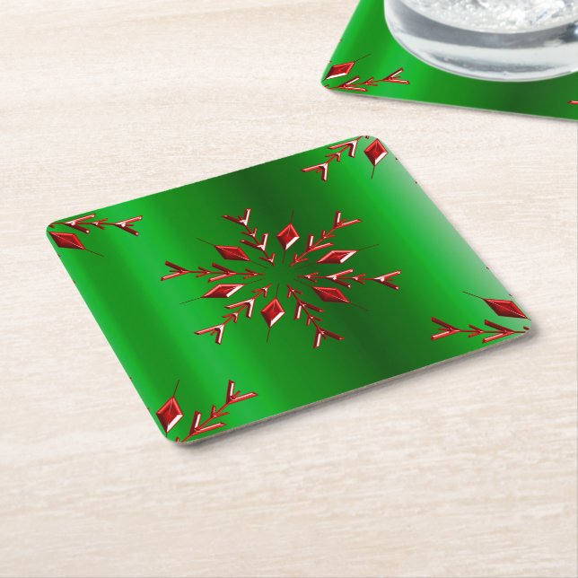 Red Snowflakes on Green Christmas Square Paper Coaster (Angled)