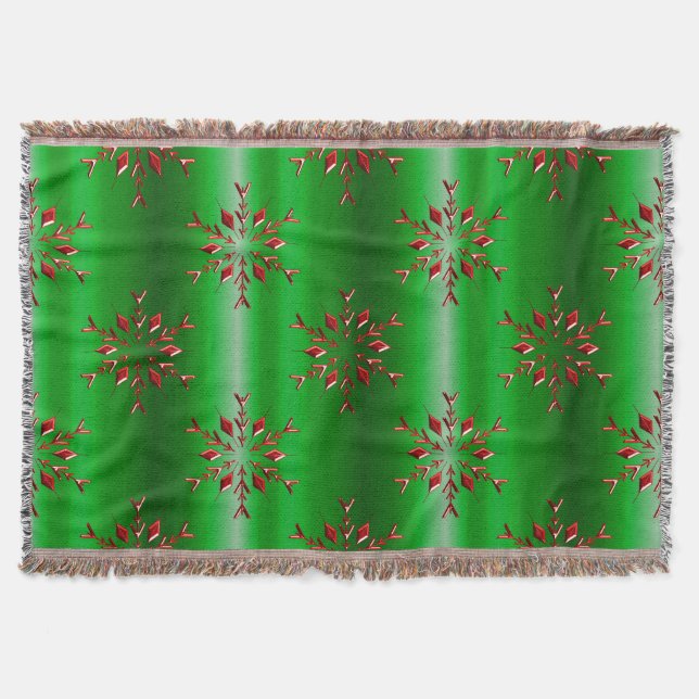 Red Snowflakes on Green Christmas Throw Blanket (Front)