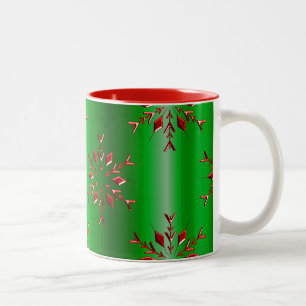 Red Snowflakes on Green Christmas Two-Tone Coffee Mug