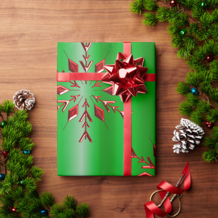 Red Snowflakes on Green Christmas Wrapping Paper