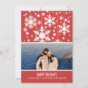 Red Snowflakes Stars Holiday Photo Flat Card
