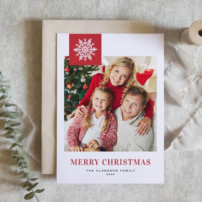 Red Snowflakes Tag Merry Christmas Photo Holiday Card (Red and white photo Christmas card featuring a white whimsical snowflake.)