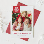 Red Snowflakes Tag Merry Christmas Photo Holiday Card<br><div class="desc">Send your holiday wishes to friends and family with this customisable Christmas card. This photo Christmas card features modern calligraphy with a snowflake accent. Personalise by adding your details. This photo Christmas card is available in other colours and cardstock. Matching items are available.</div>