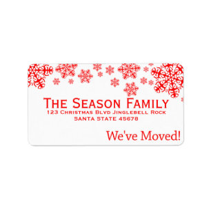 red snowflakes "we've moved" Christmas label