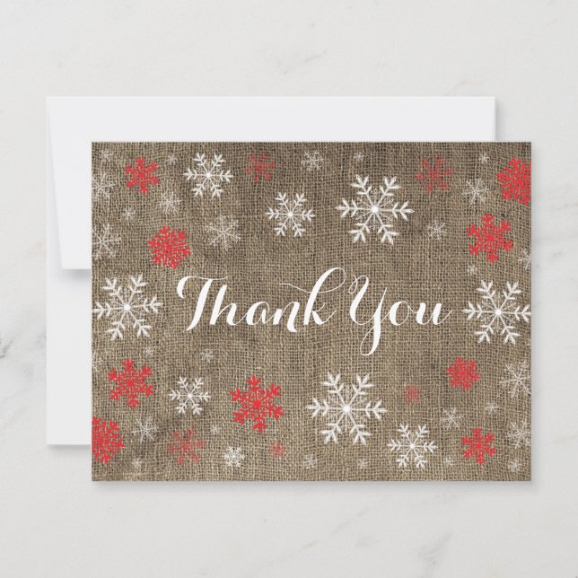 Red Snowflakes Winter Burlap Thank You Card (Front)