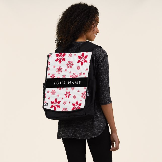 Red Snowflakes, Your name, Personalise Backpack (Worn)