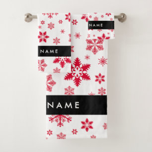 Red Snowflakes, Your name, Personalise Bath Towel Set
