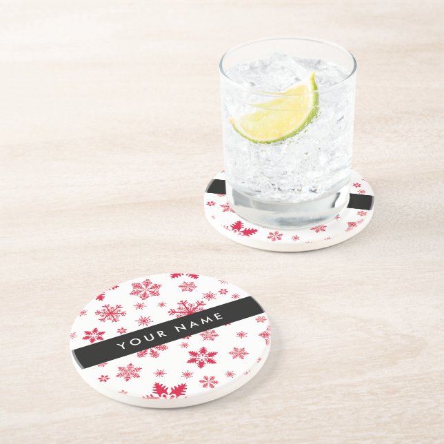 Red Snowflakes, Your name, Personalise Coaster (Side)