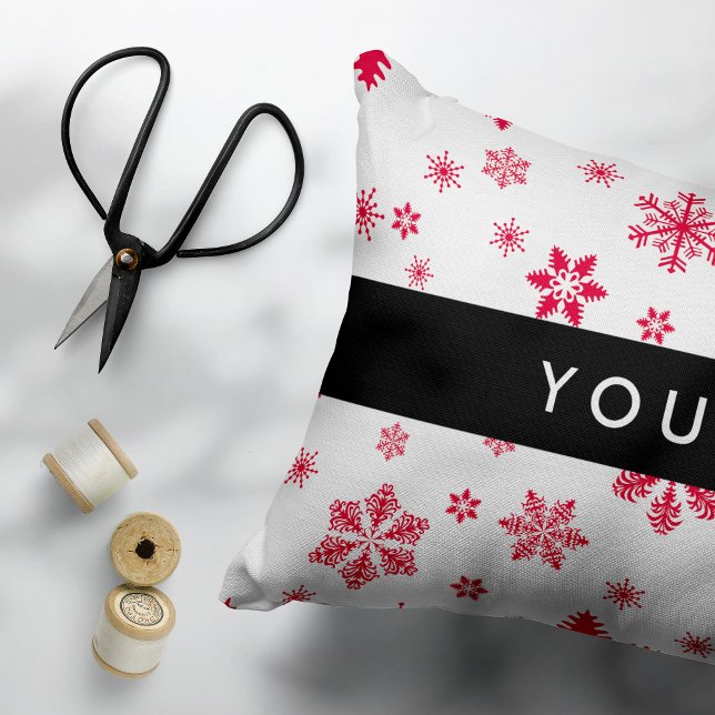 Red Snowflakes, Your name, Personalise Decorative Cushion (Creator Uploaded)