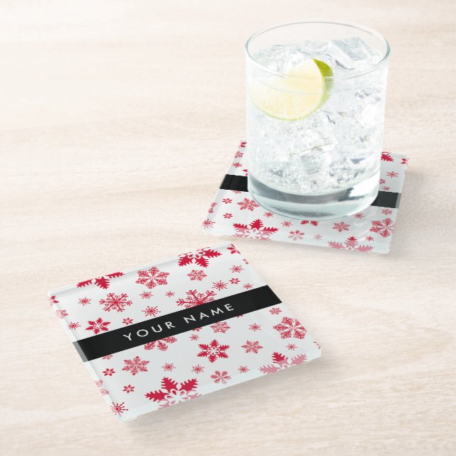 Red Snowflakes, Your name, Personalise Glass Coaster (Angled)