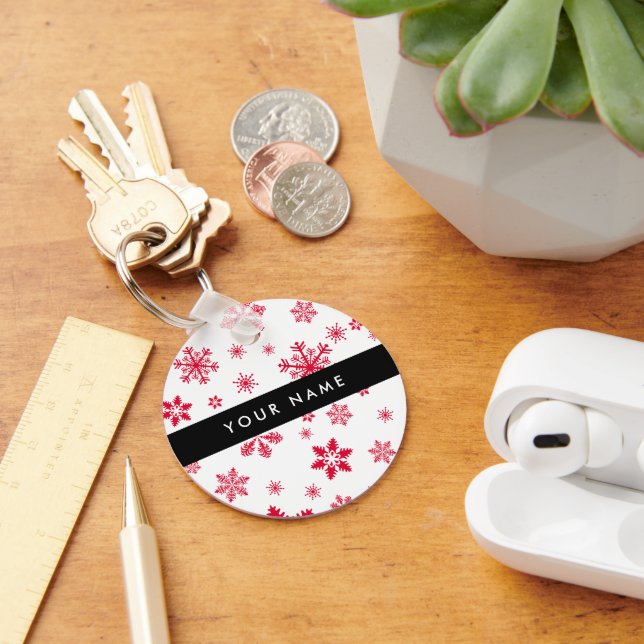 Red Snowflakes, Your name, Personalise Key Ring (Desk)