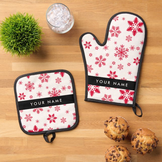 Red Snowflakes, Your name, Personalise Oven Mitt & Pot Holder Set (Top Down)