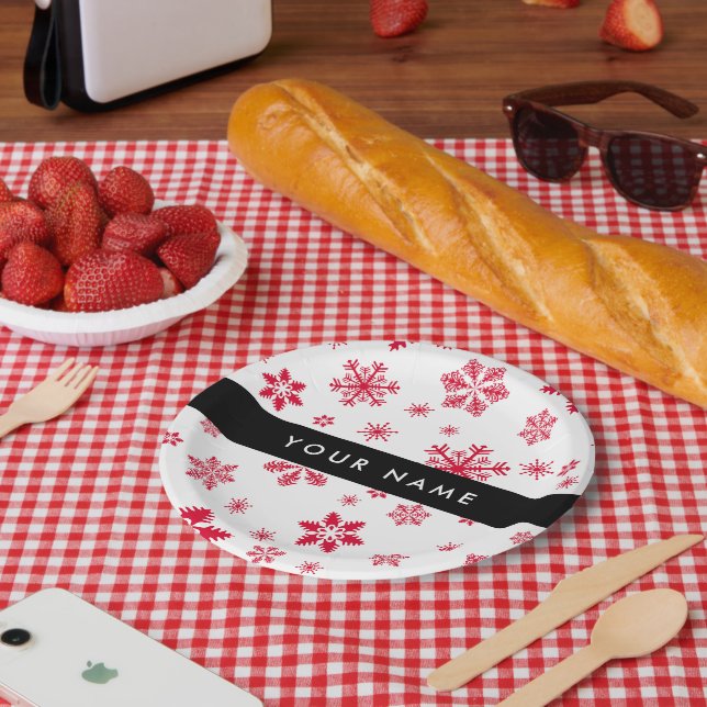 Red Snowflakes, Your name, Personalise Paper Plate (Picnic)