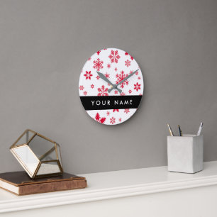Red Snowflakes, Your name, Personalise Round Clock