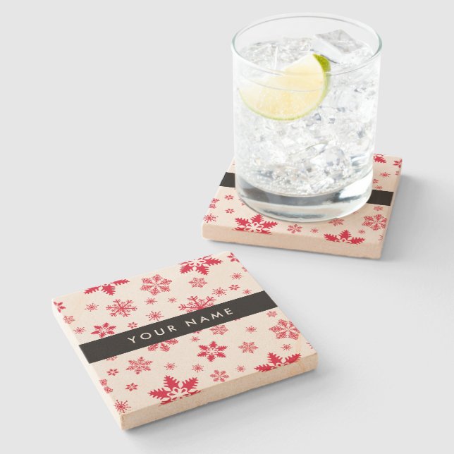 Red Snowflakes, Your name, Personalise Stone Coaster (Side)