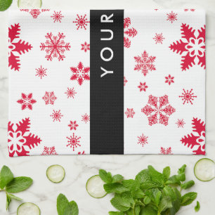 Red Snowflakes, Your name, Personalise Tea Towel
