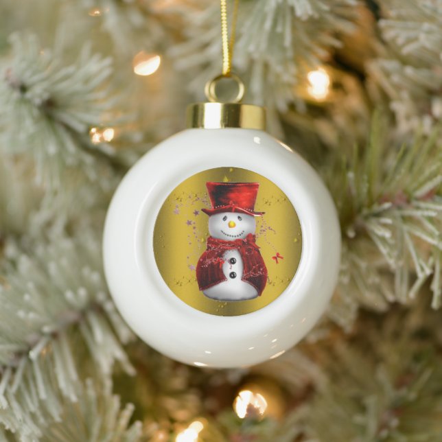 Red Snowman on Gold Christmas Ceramic Ball Christmas Ornament (Tree)
