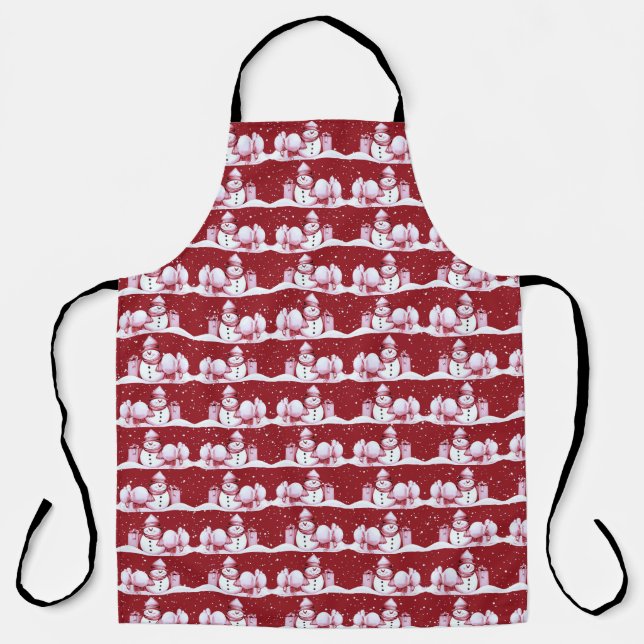 Red Snowman Snowy Christmas Holiday Apron (Front)