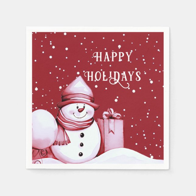 Red Snowman Snowy Christmas Holiday Napkin (Front)