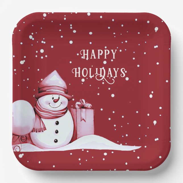 Red Snowman Snowy Christmas Holiday Paper Plate (Front)