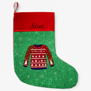 Red snowman ugly christmas sweater green glitter small christmas stocking