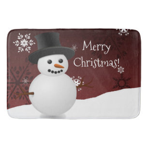 Red Snowman Winter Scene Christmas Bath Mat