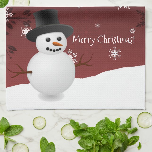 Red Snowman Winter Scene Christmas Kitchen Towel (Folded)