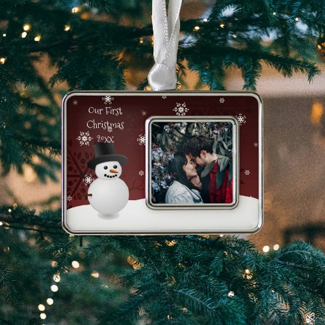 Red Snowman Winter Scene Framed Photo First Silver Plated Framed Ornament (Red Snowman Winter Scene First Christmas Framed Ornament)
