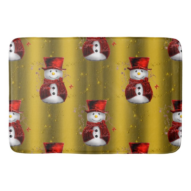 Red Snowmen on Gold Bath Mat (Front)