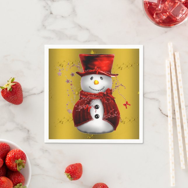 Red Snowmen on Gold Napkin (Insitu)