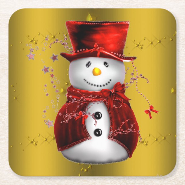 Red Snowmen on Gold Square Paper Coaster (Front)
