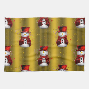 Red Snowmen on Gold Tea Towel