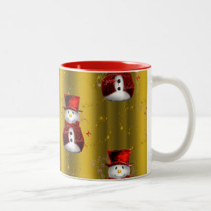 Red Snowmen on Gold Two-Tone Coffee Mug