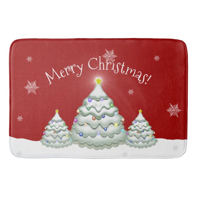 Red Snowy Christmas Tree Bath Mat (Front)