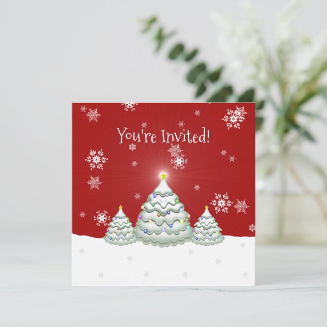 Red Snowy Christmas Tree Invitation (Standing Front)