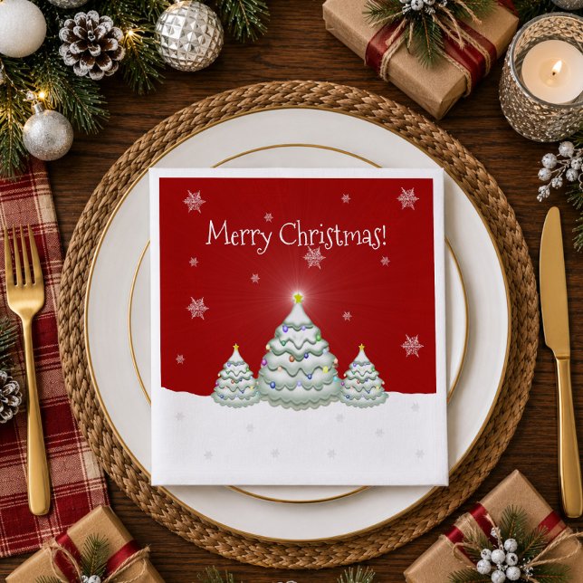 Red Snowy Christmas Tree Paper Napkin (Red Snowy Christmas Tree Paper Napkins)