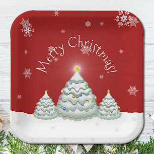 Red Snowy Christmas Tree Paper Plate